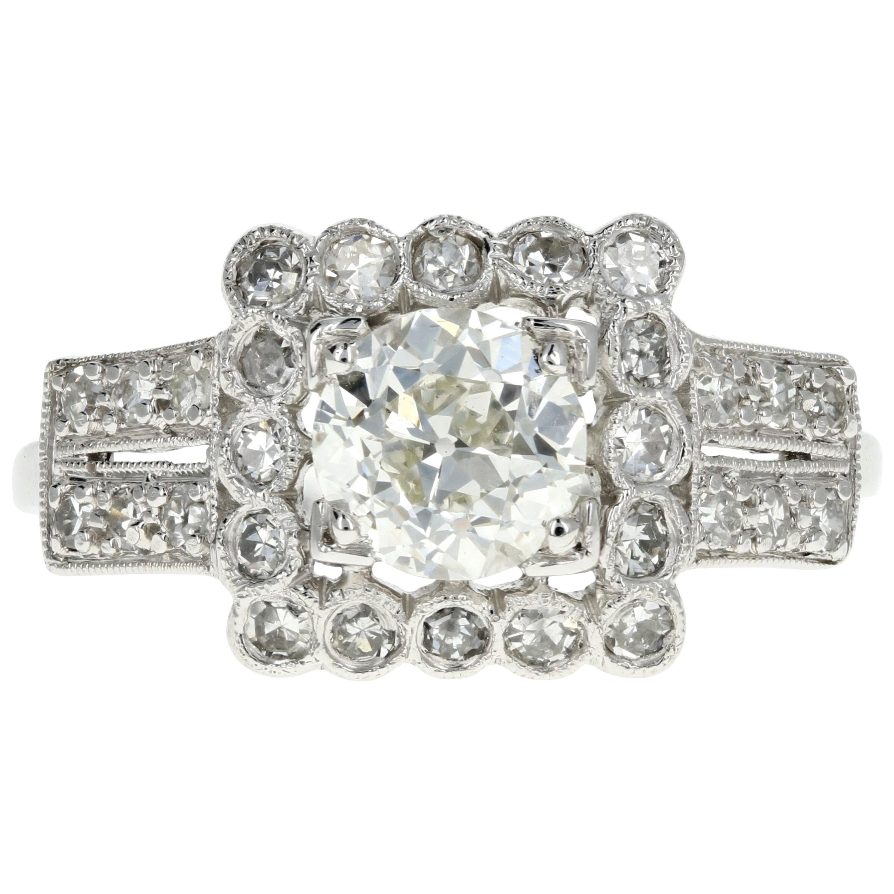 Art Deco Platinum .89 Carat Old European Cut Diamond Engagement Ring