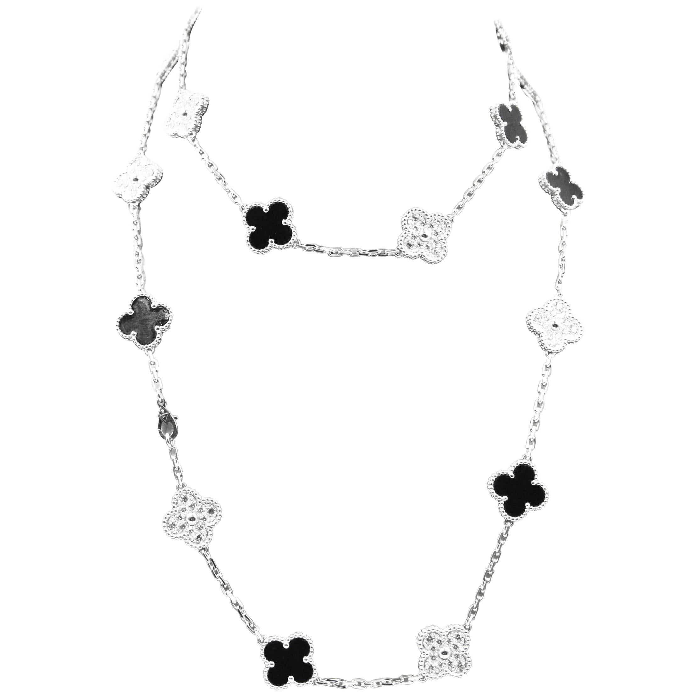 Van Cleef & Arpels Vintage Alhambra Long Motifs White Gold Diamond Onyx Necklace For Sale