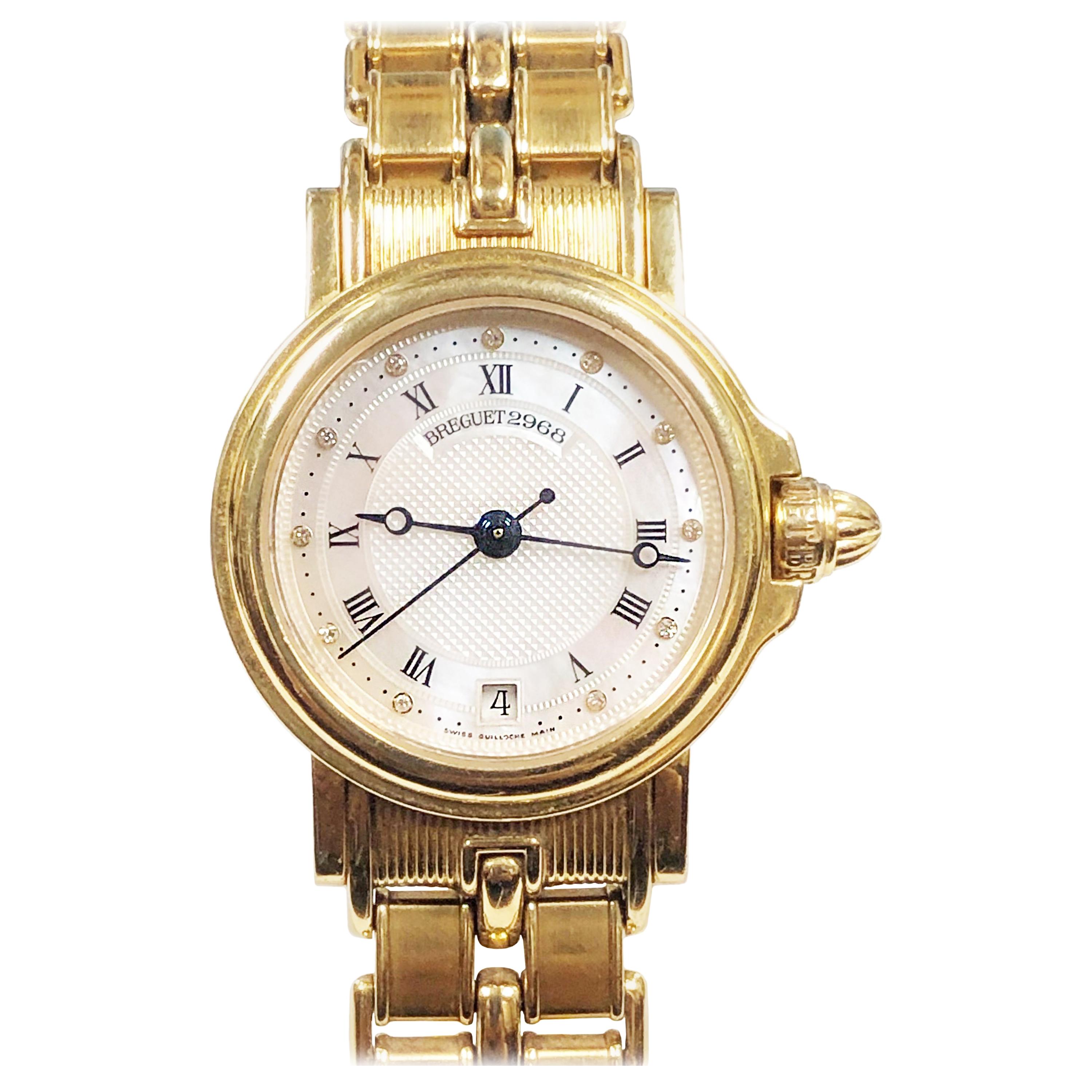 Breguet Marine Yellow Gold Ladies Automatic Pearl and Diamond Dial Wrist Watch