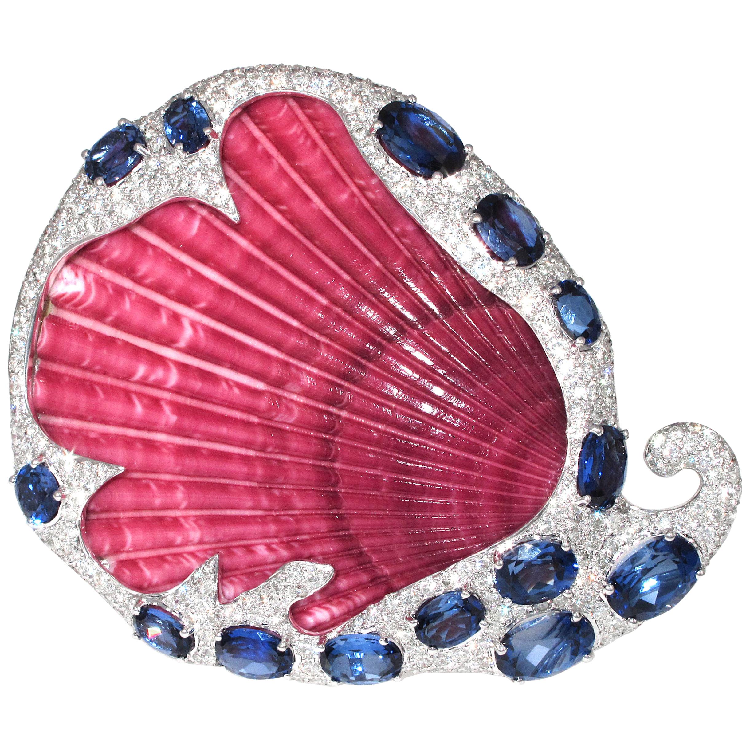Unique Diamond and Blue Quart Shell Brooch Pin