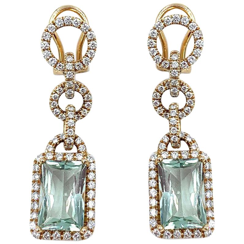 Piero Milano 18 Karat Rose Gold Aquamarine and Diamond Dangle or Drop Earrings