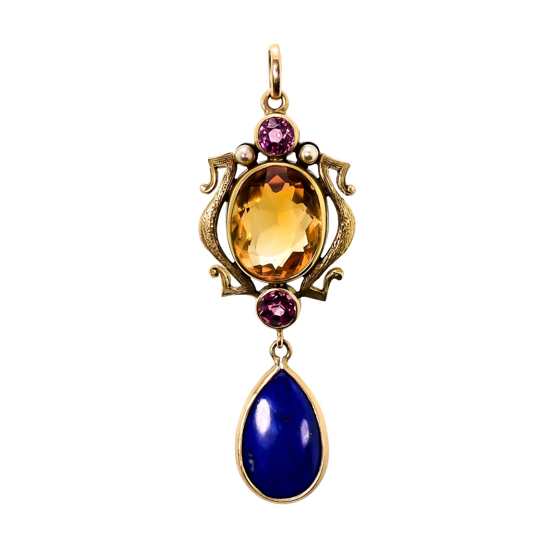 Art Nouveau Turn-of-the-Century Citrine, Lapis, Ruby, and Seed Pearl Pendent For Sale