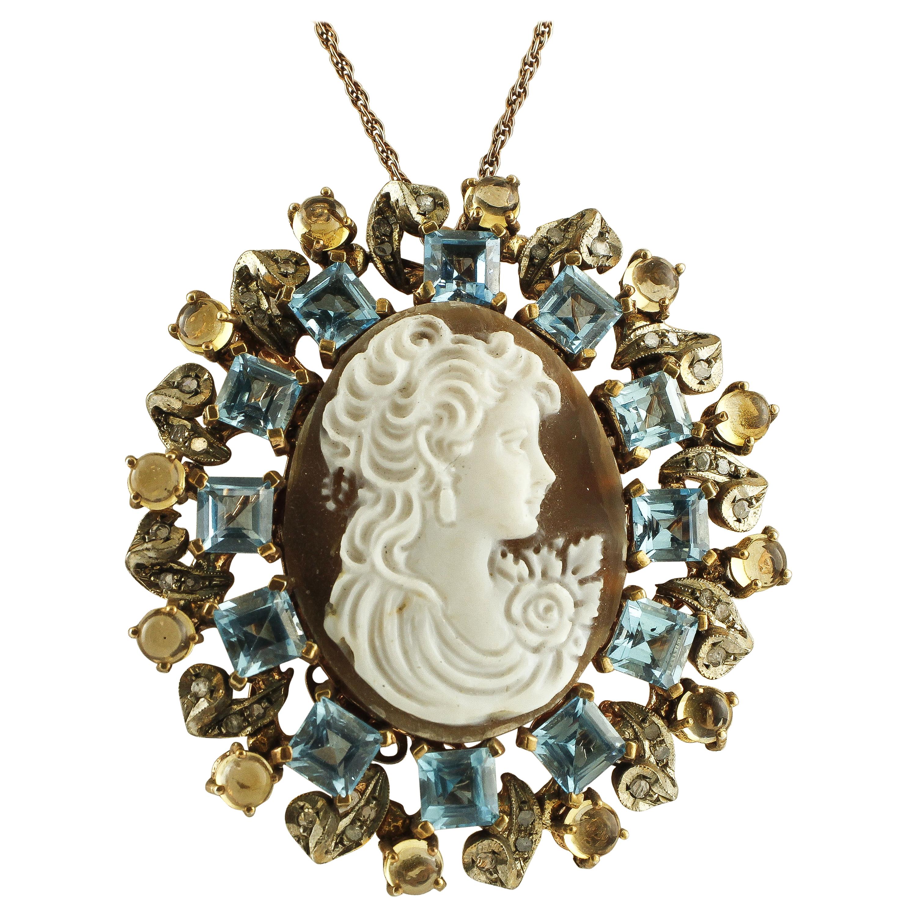 Cameo, Blue and Yellow Topazes, Diamonds, 9 Karat Gold and Silver Pendant/Brooch For Sale