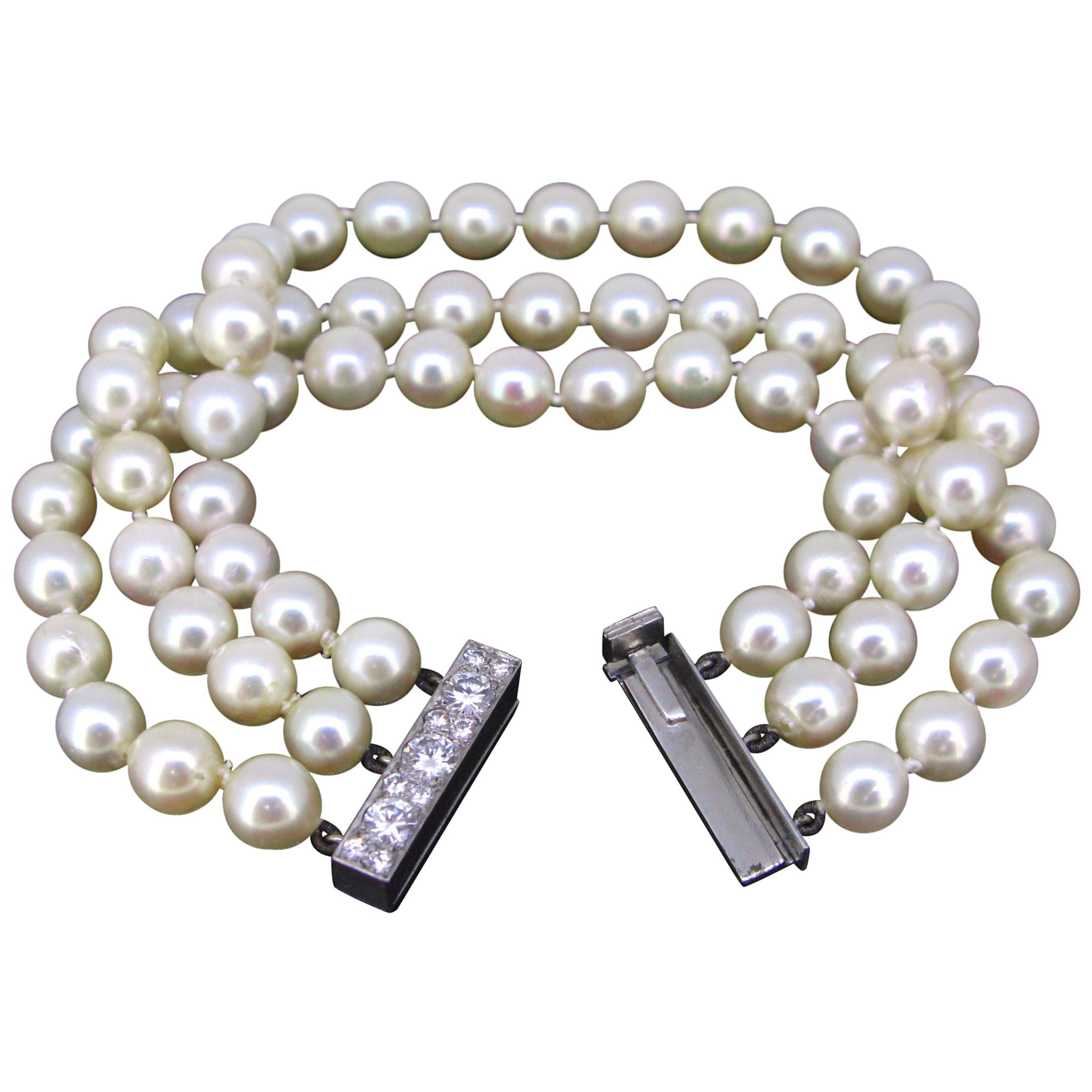 Cultured Pearl and Diamonds 3 Rows Bracelet