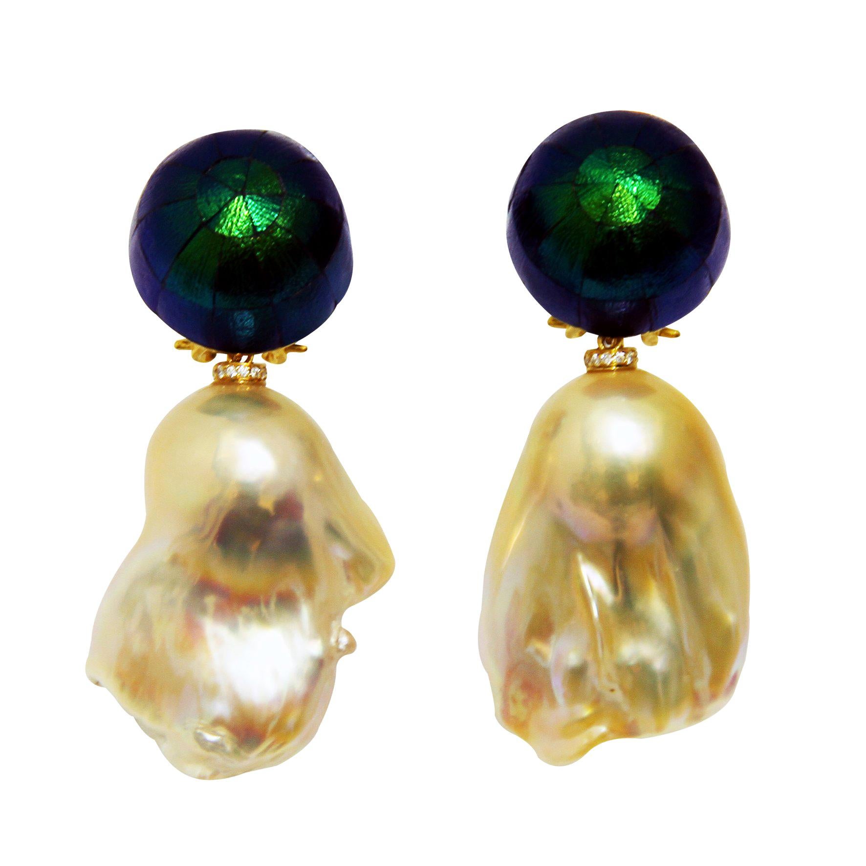 Pearl Scarab Bead Diamond Dangle Earrings For Sale