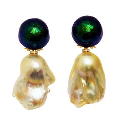 Pearl Scarab Bead Diamond Dangle Earrings