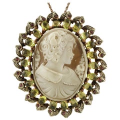 Vintage Cameo, Peridot, Diamonds, Rubies, 9 Karat Rose Gold and Silver Pendant/Brooch