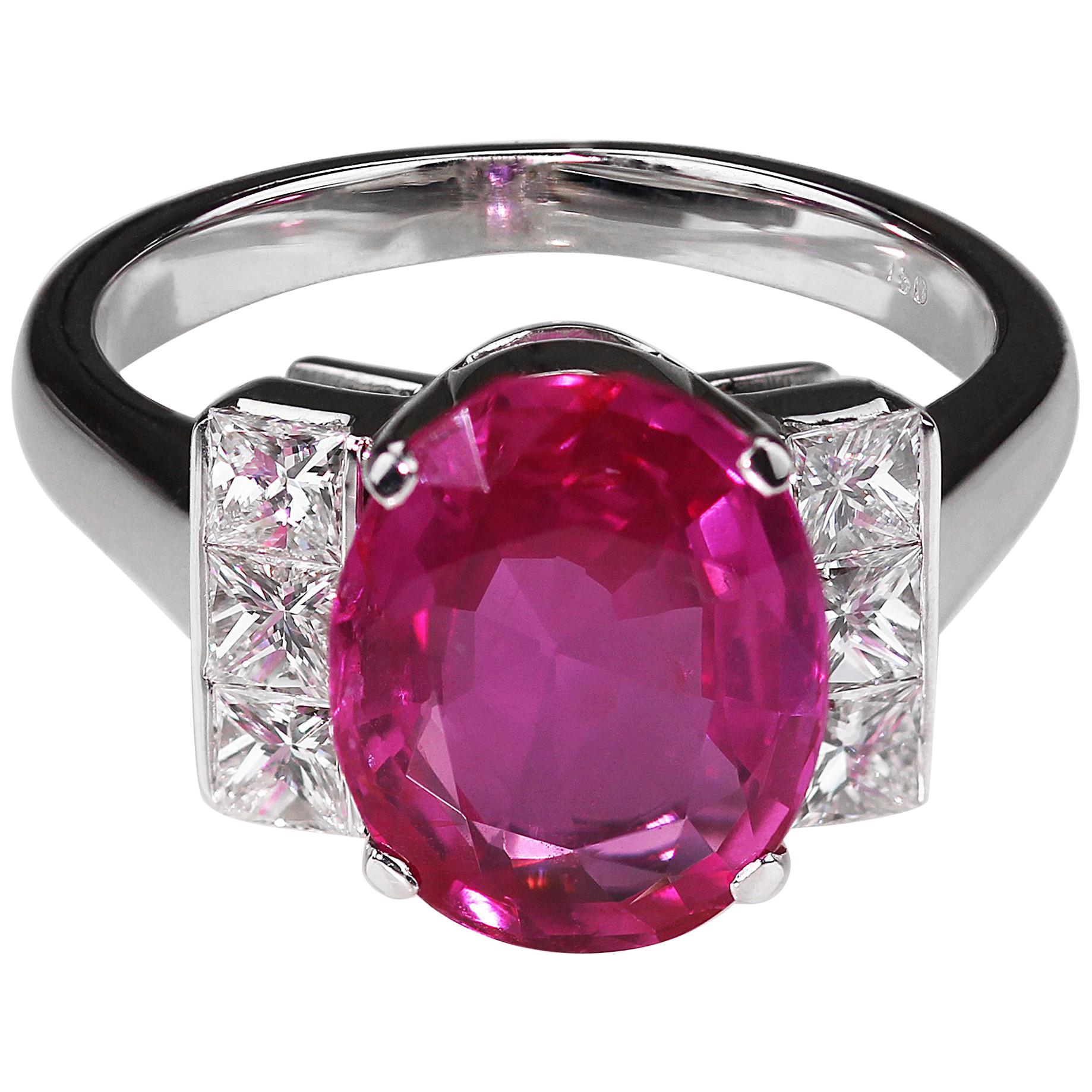 Gubelin Certified Natural Burma/Myanmar Pink Sapphire 4.5ct & Diamond Ring