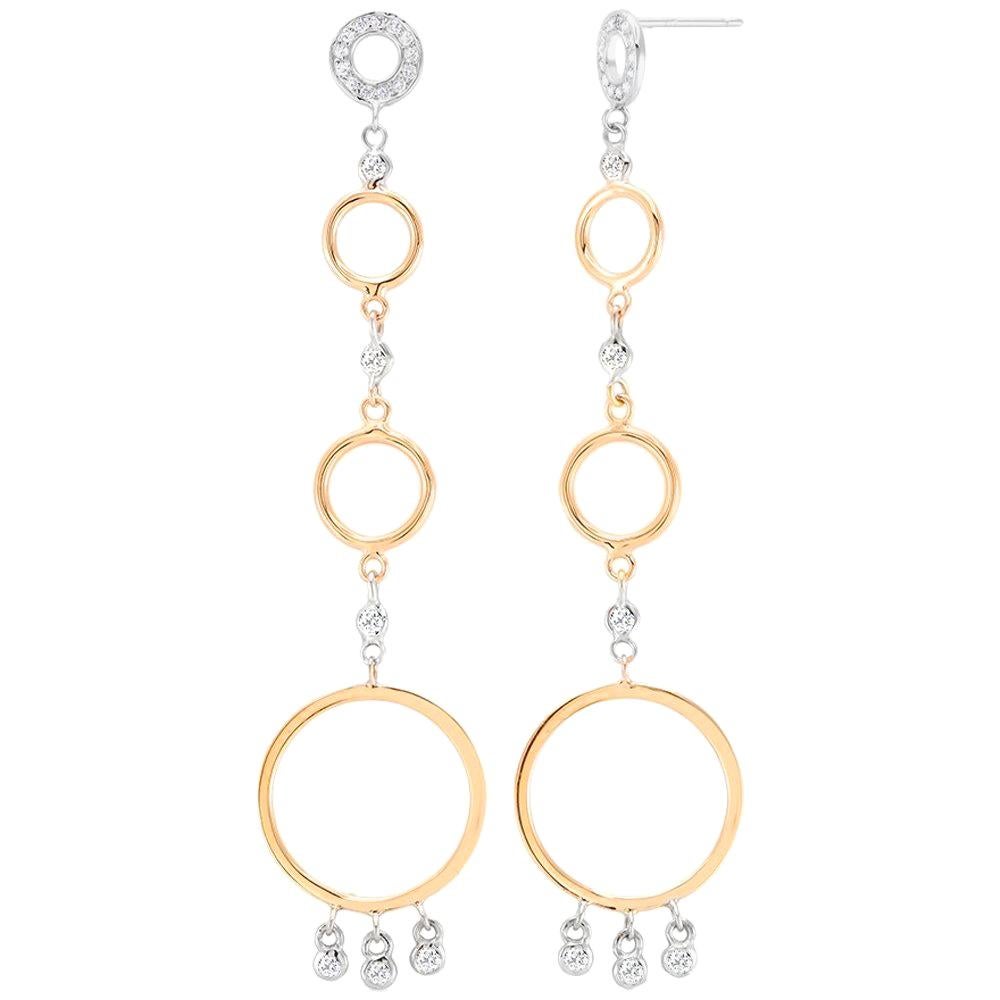 White and Yellow Gold Circle Diamond Earrings Three Inch Long 