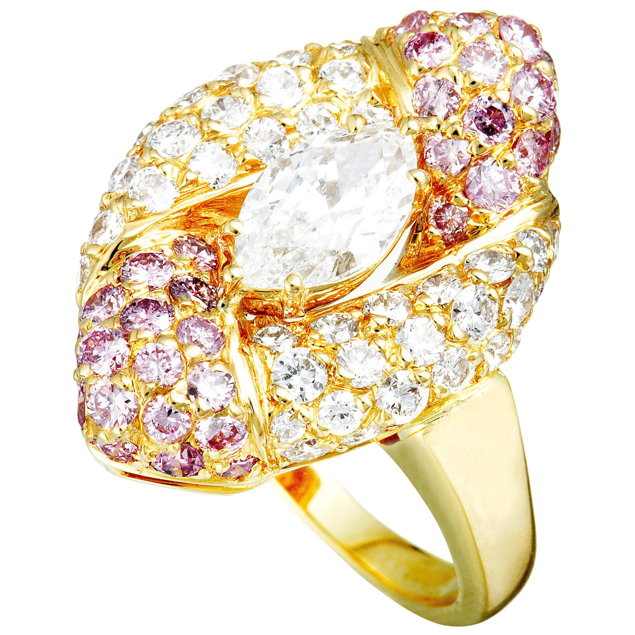 Graff White and Pink Diamond 18K Yellow Gold Ring 5.75 Size
