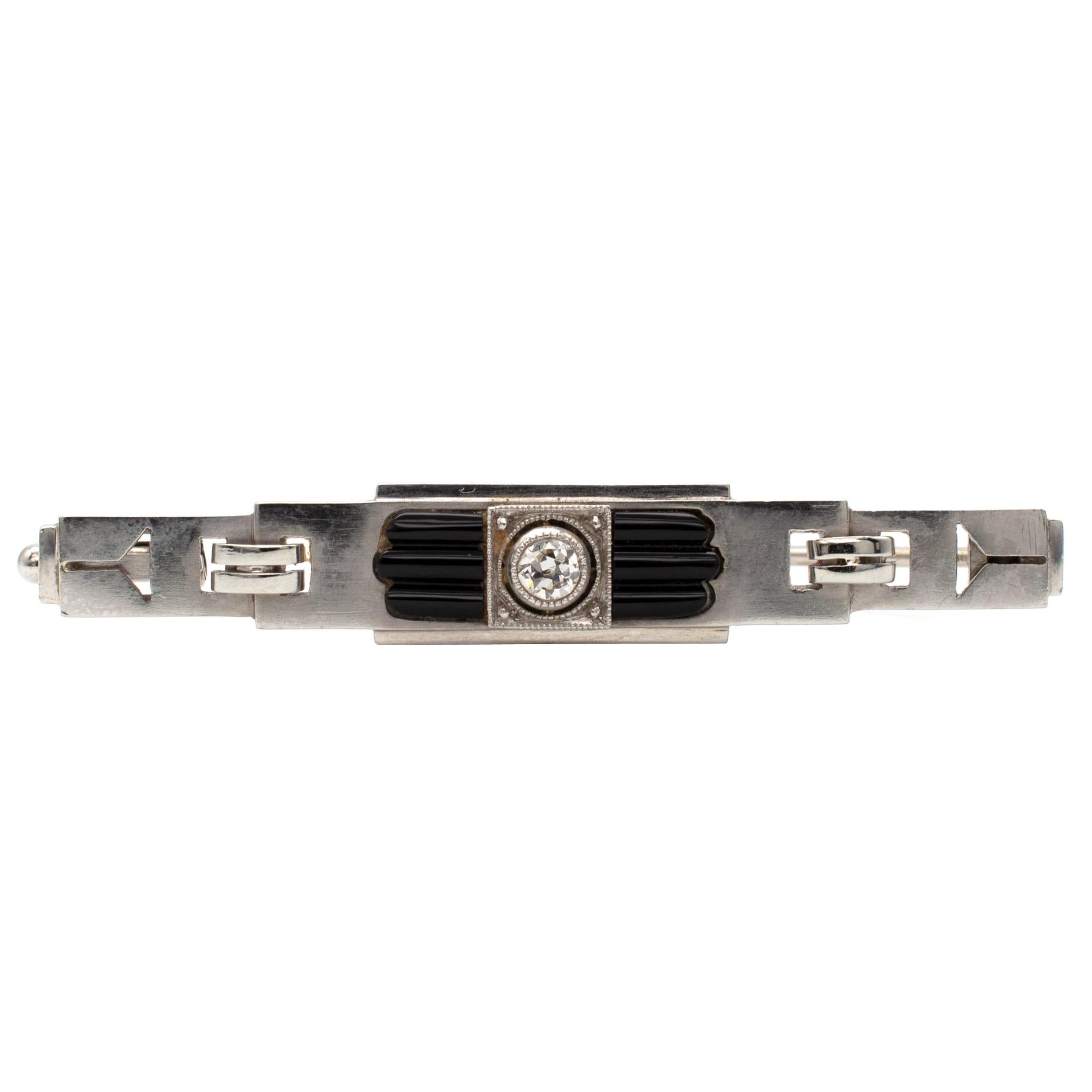 Art Deco Diamond Onyx Brooch 18 Karat White Gold, circa 1920s