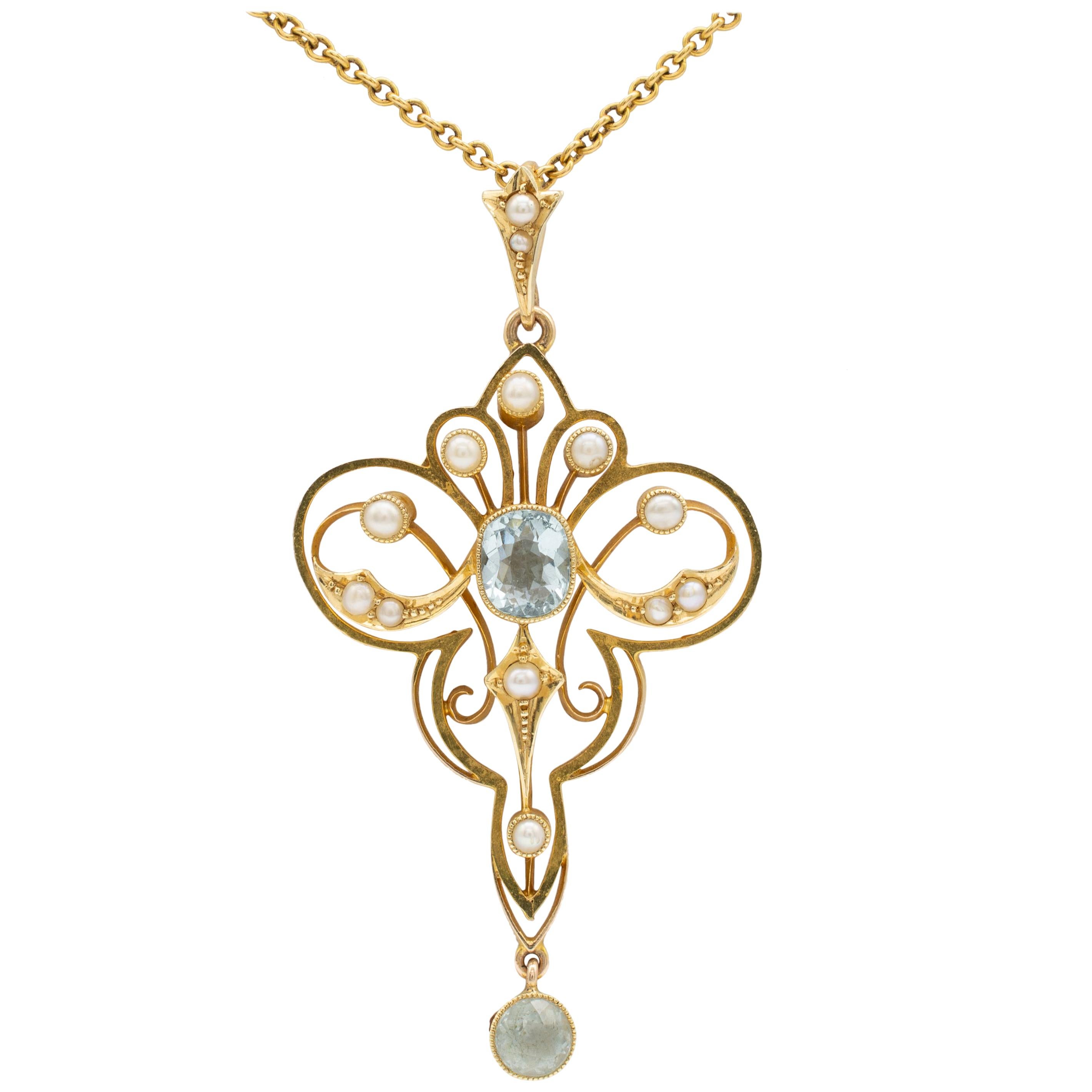 Art Nouveau Aquamarine and Pearl Lavaliere Pendant Necklace 15 Karat Gold