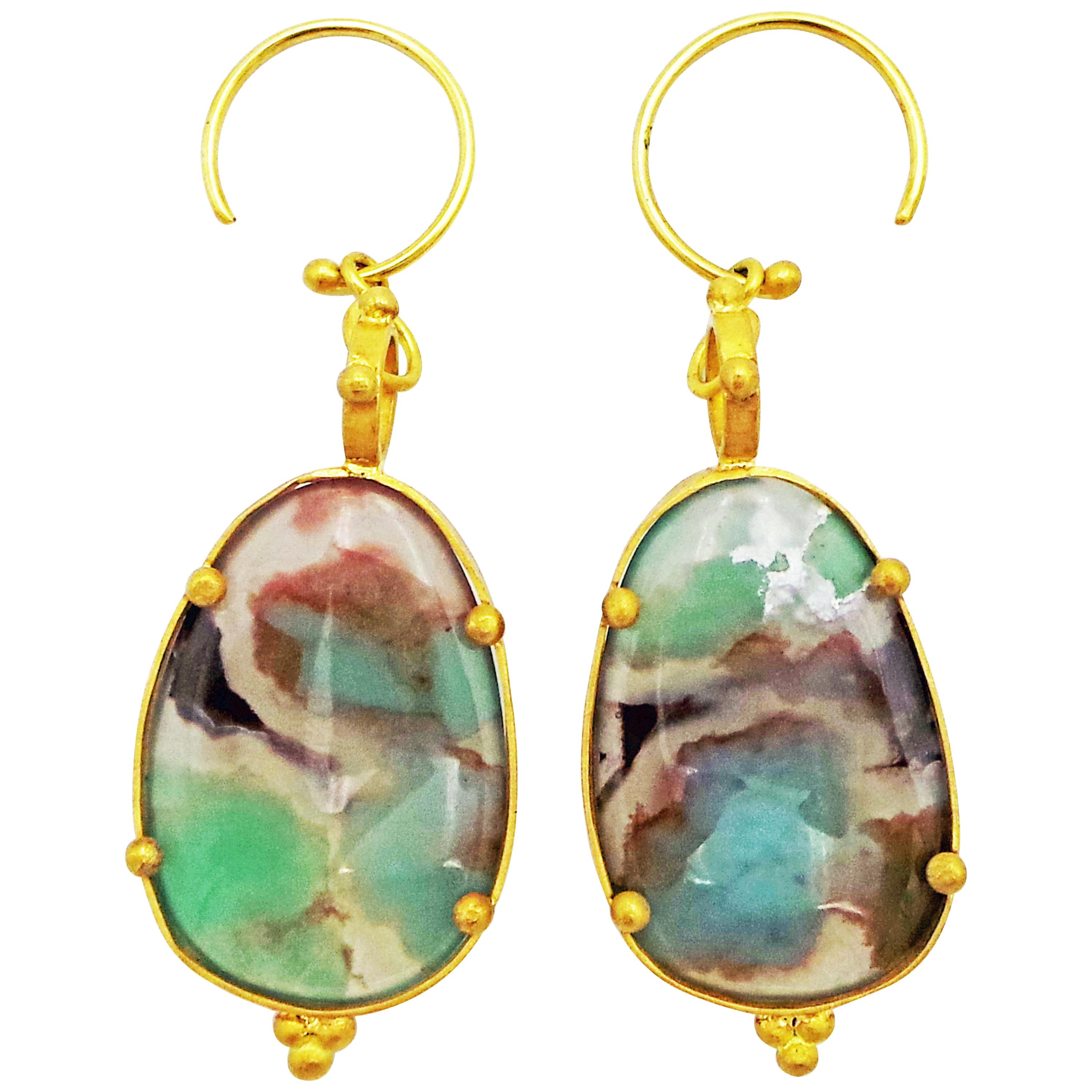 Aquaprase and 22-Karat Gold Hand Forged Dangle Earrings For Sale