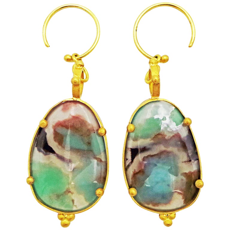 Aquaprase and 22-Karat Gold Hand Forged Dangle Earrings For Sale at ...