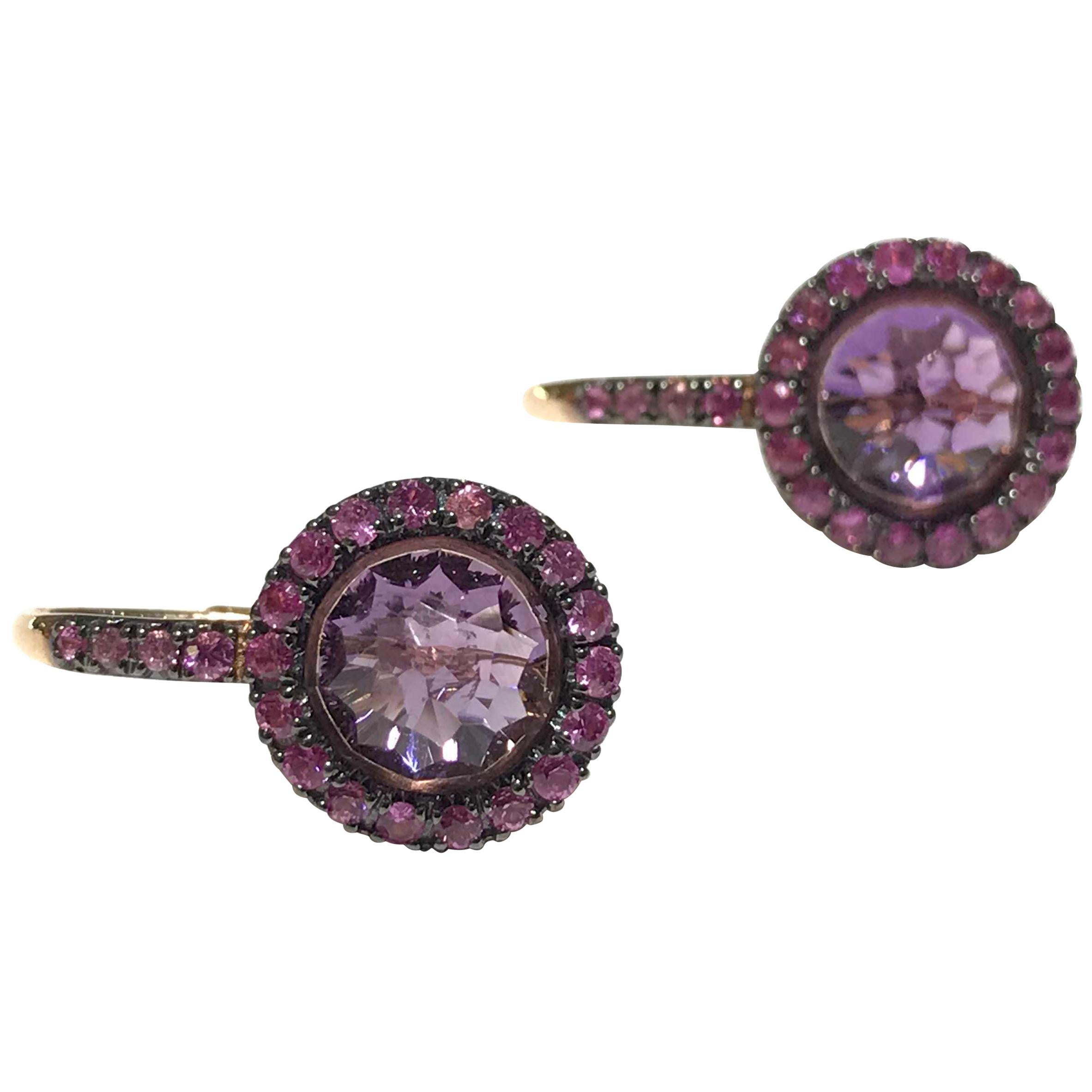 Mimi Italian Made Drop Earrings in Pink Sapphires and Purple Amethyst Stones For Sale
