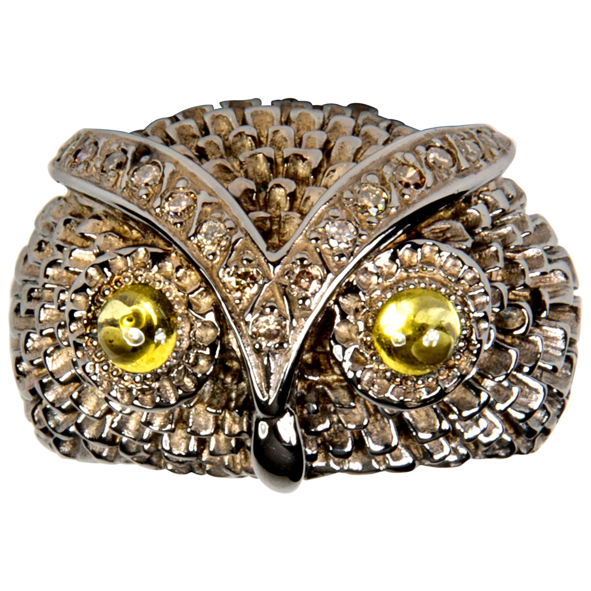 Owl Silver Diamond and Citrin Cabochon Band Ring For Sale