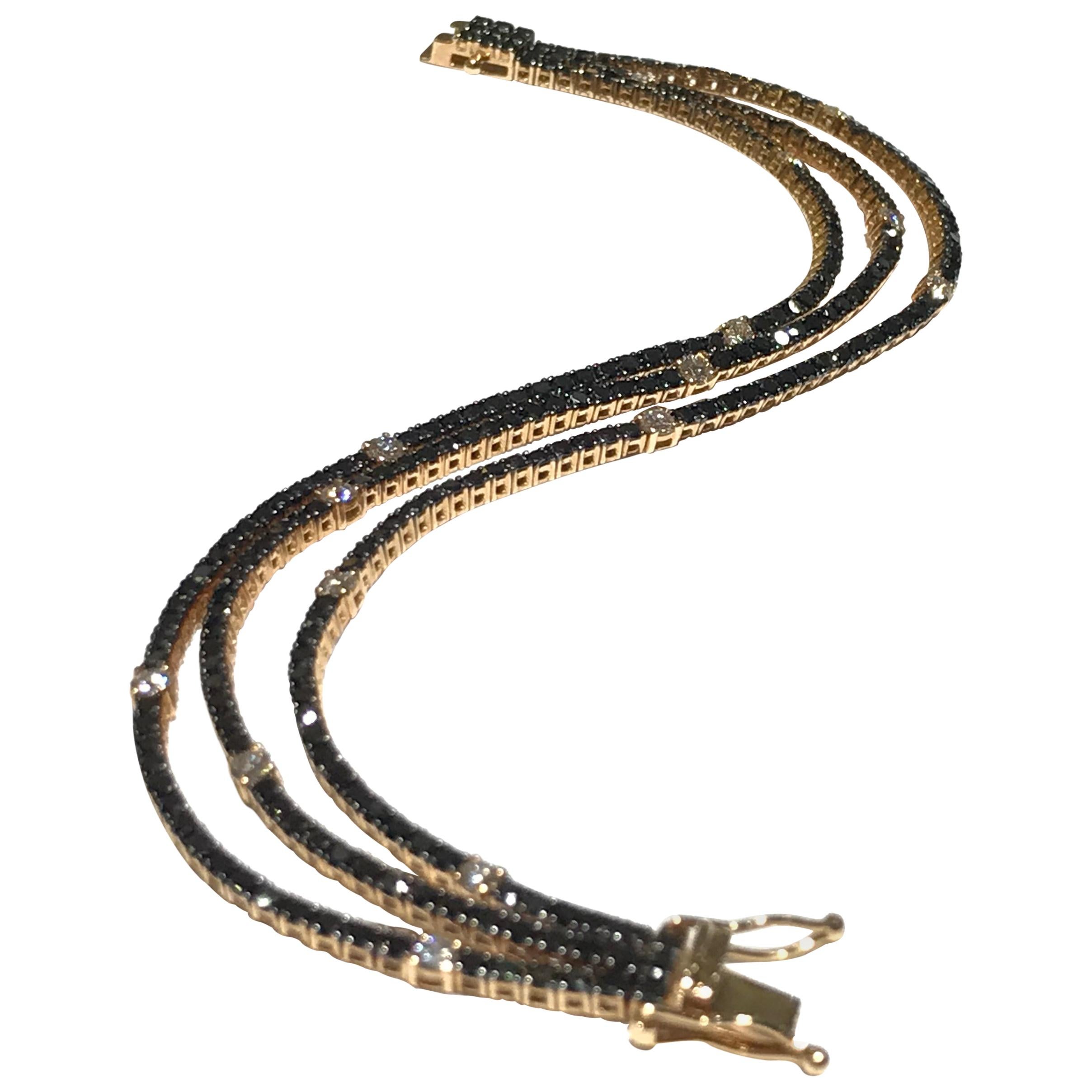 Crivelli 3-Row Black Diamond Tennis Bracelet Set in 18 Karat Rose Gold For Sale
