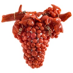 Antique 14 Karat Corallium Rubrum Grape Vine Gold Brooch Italy