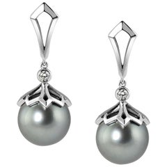 Natural Grey Tahitian Pearl and Diamond 18 Karat White Gold Earrings
