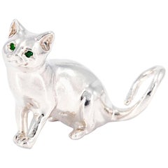 Solid Sterling Silver Cat Ornament with Emerald Eyes
