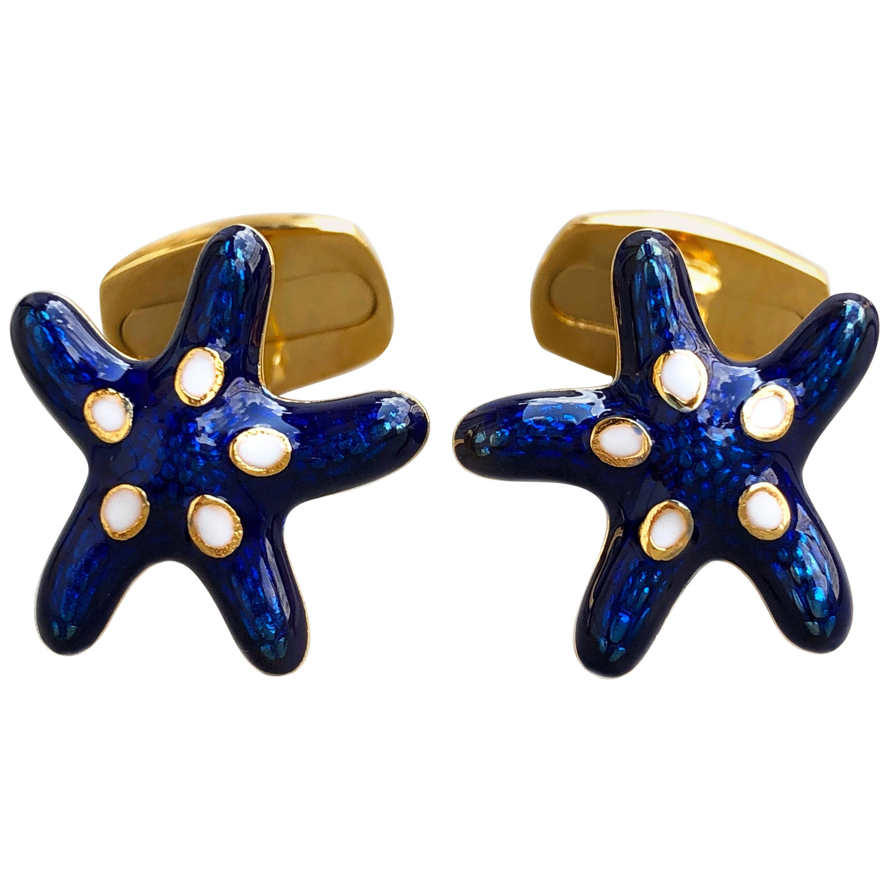 Navy Blue White Enameled Starfish Shaped Sterling Silver Gold-Plated Cufflinks
