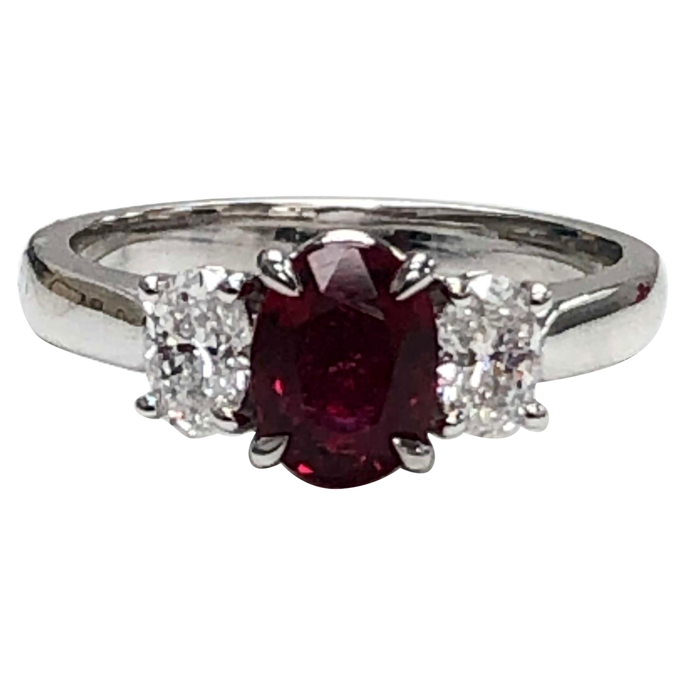 Ruby and Diamond 3-Stone 14 Karat White Gold Ring For Sale