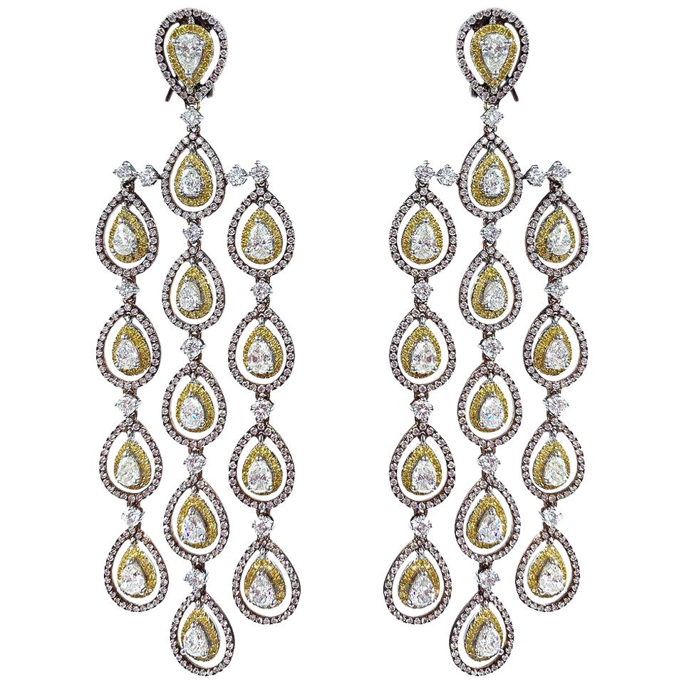 Pink Diamond, Yellow Diamond and White Diamond Long Dangle Chandelier Earrings