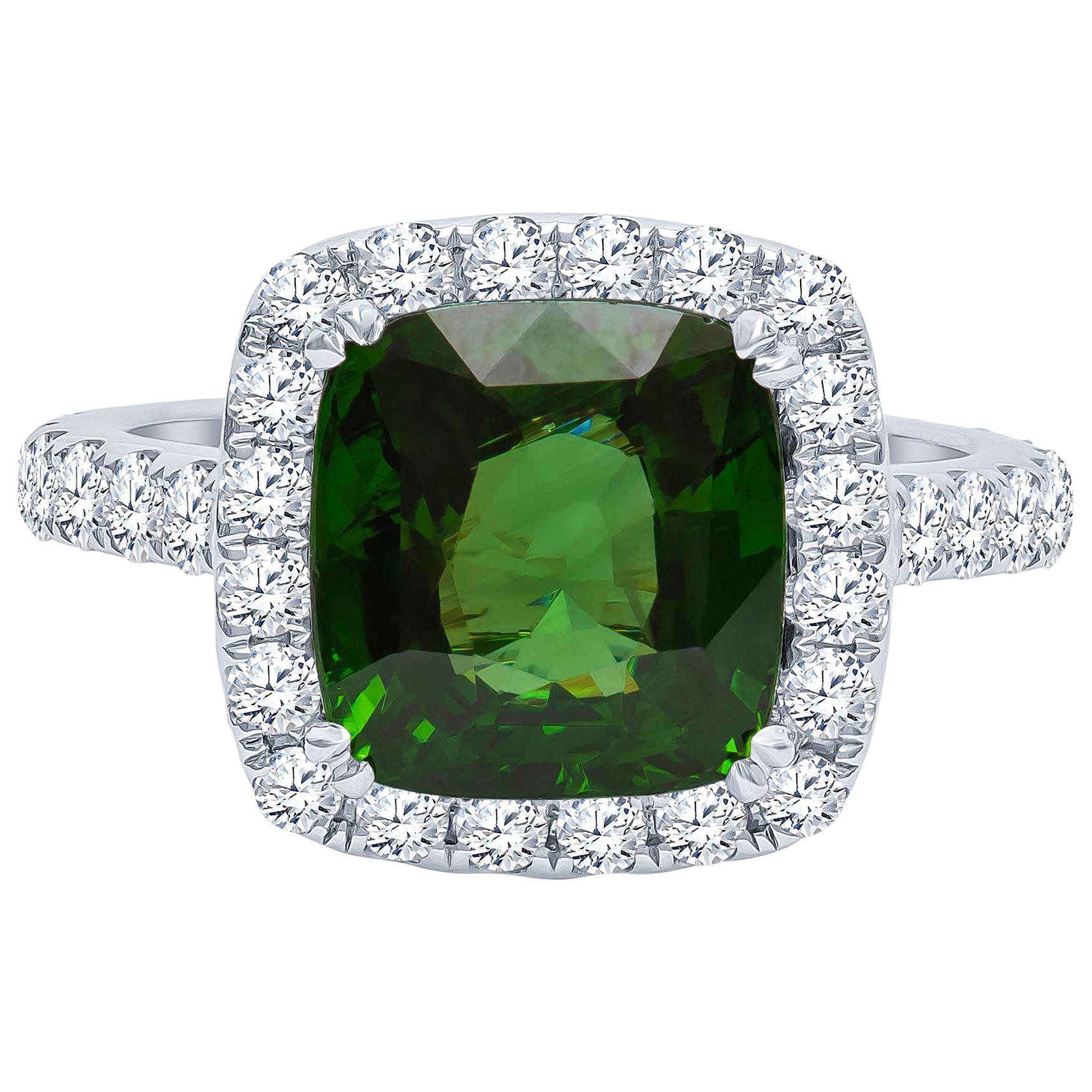 5.42 Carat Cushion Cut Green Zircon Ring with 0.52 Carat Total Diamond Halo For Sale