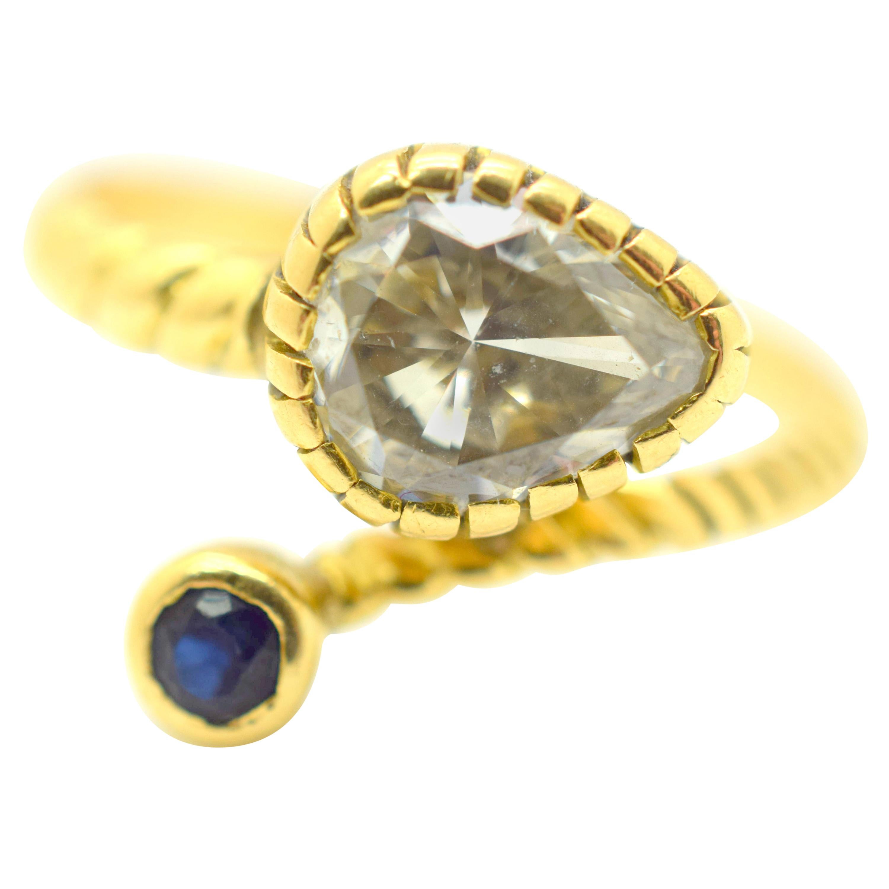 Retro Diamond Snake Ring 18 Karat Yellow Gold Sapphire Crossover 1.50 Carat