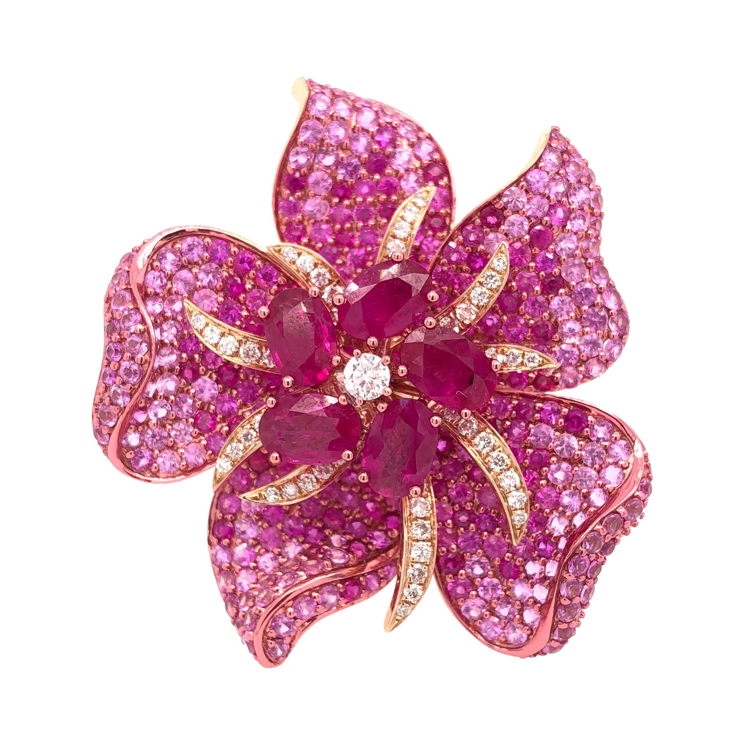 Ruchi New York Pink Sapphire and Ruby Flower Cocktail Ring