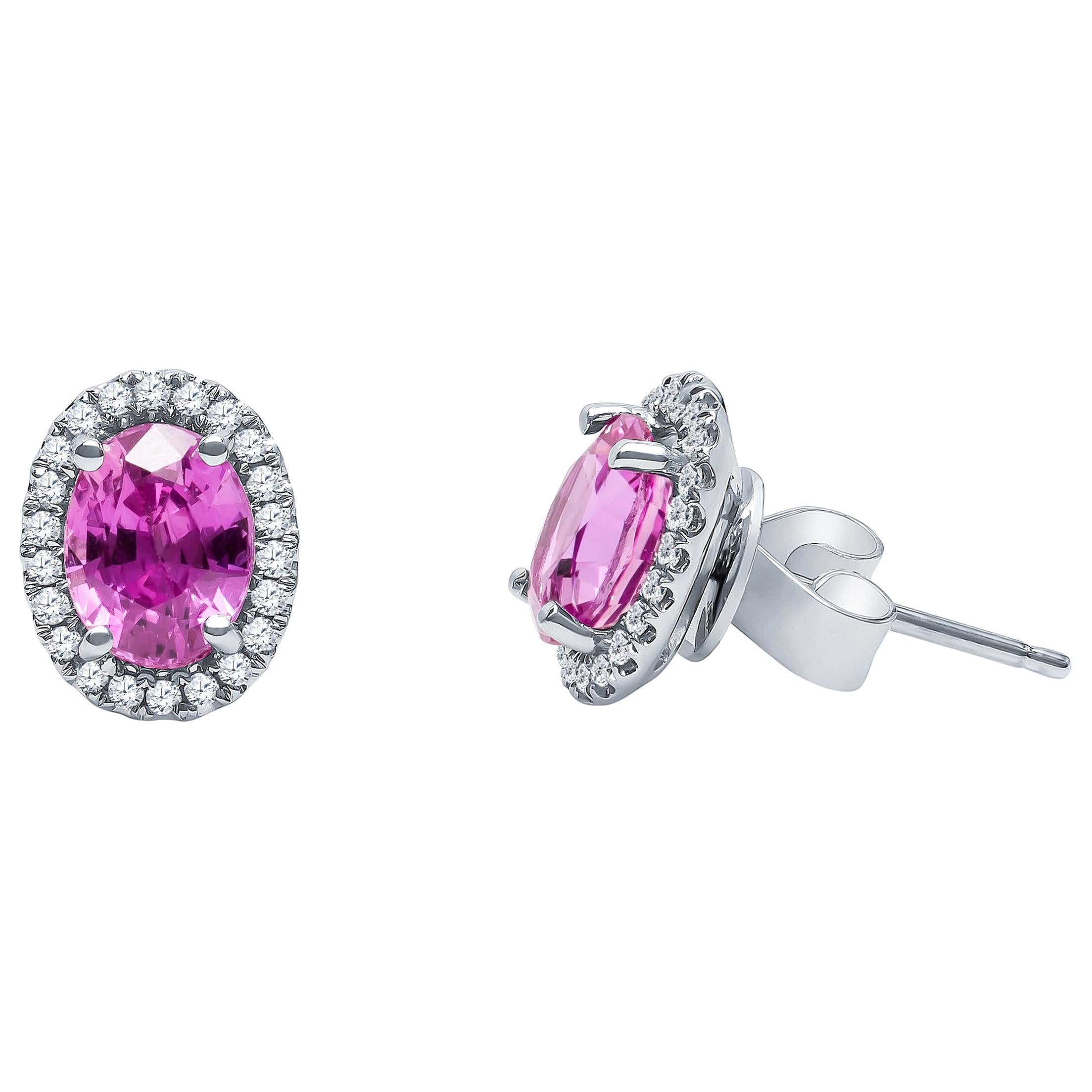 2.44 Carat Total Oval Natural Pink Sapphire Stud Earrings with Diamond Halos