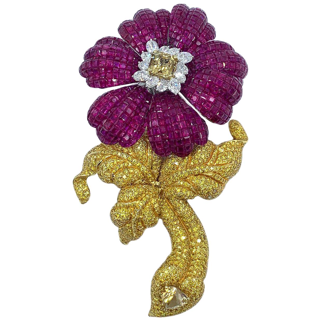 Massive and Fabulous Ruby and Canary Diamond Flower Brooch with Removable Stem For Sale