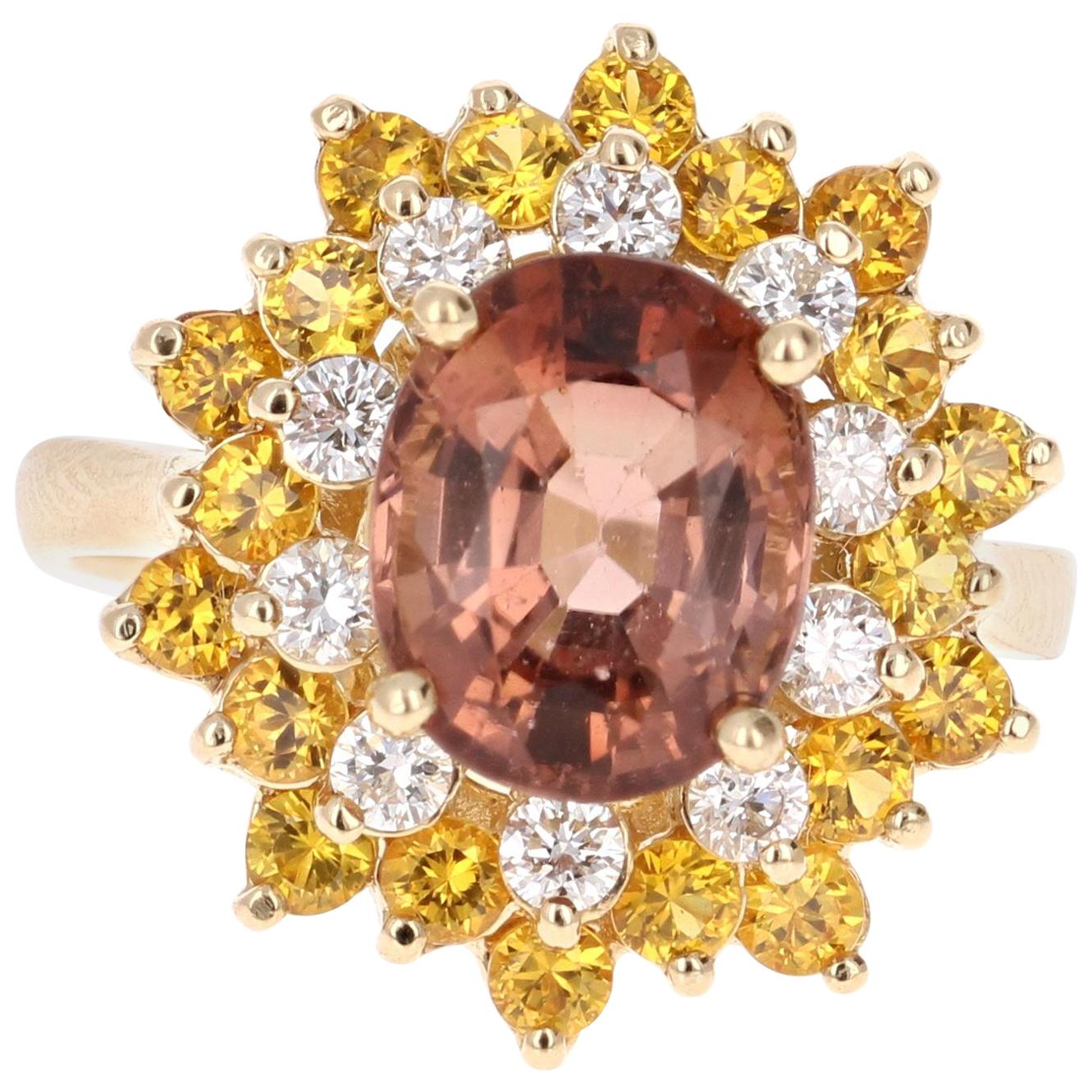 4.91 Carat Tourmaline Diamond 14 Karat Yellow Gold Ring For Sale