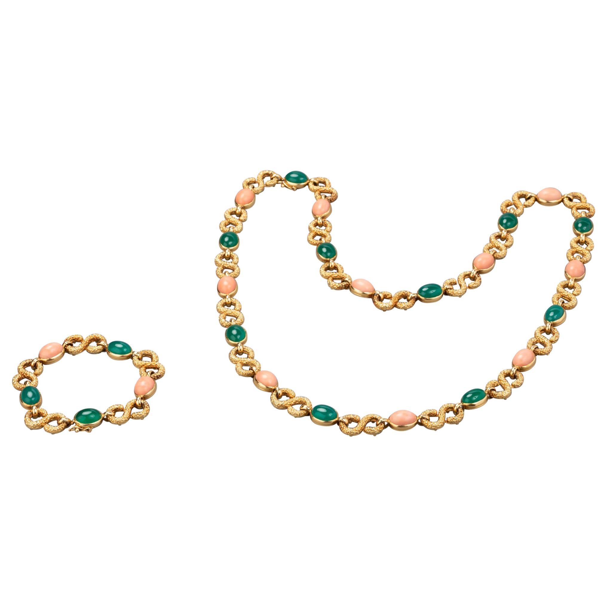 French Gold Coral and Agate Necklace and Bracelet Set