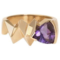 Vintage 1980s Amethyst Ring 14 Karat Gold Geometric Band Estate Fine Jewelry