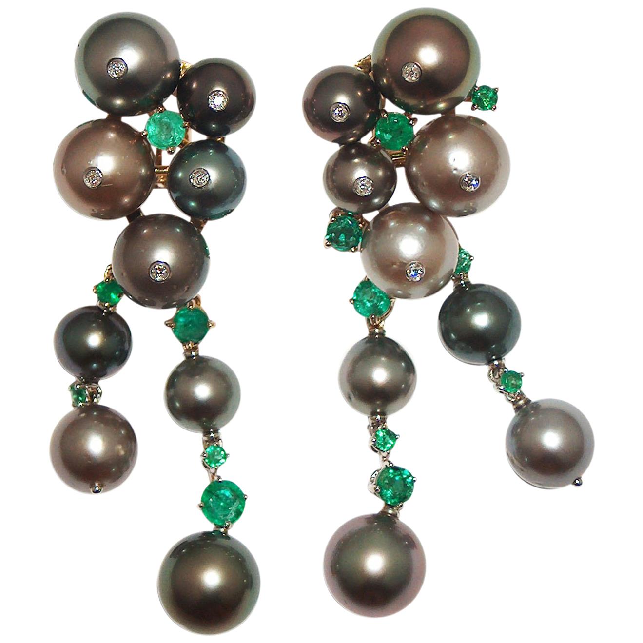 Paolo Piovan Tahitian Pearls, Emeralds and Diamonds Earrings in yellow gold For Sale