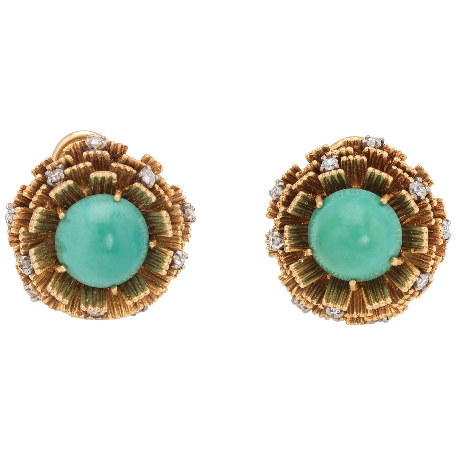 Vintage Cherny Turquoise Diamond Earrings 18 Karat Gold Round Estate Jewelry