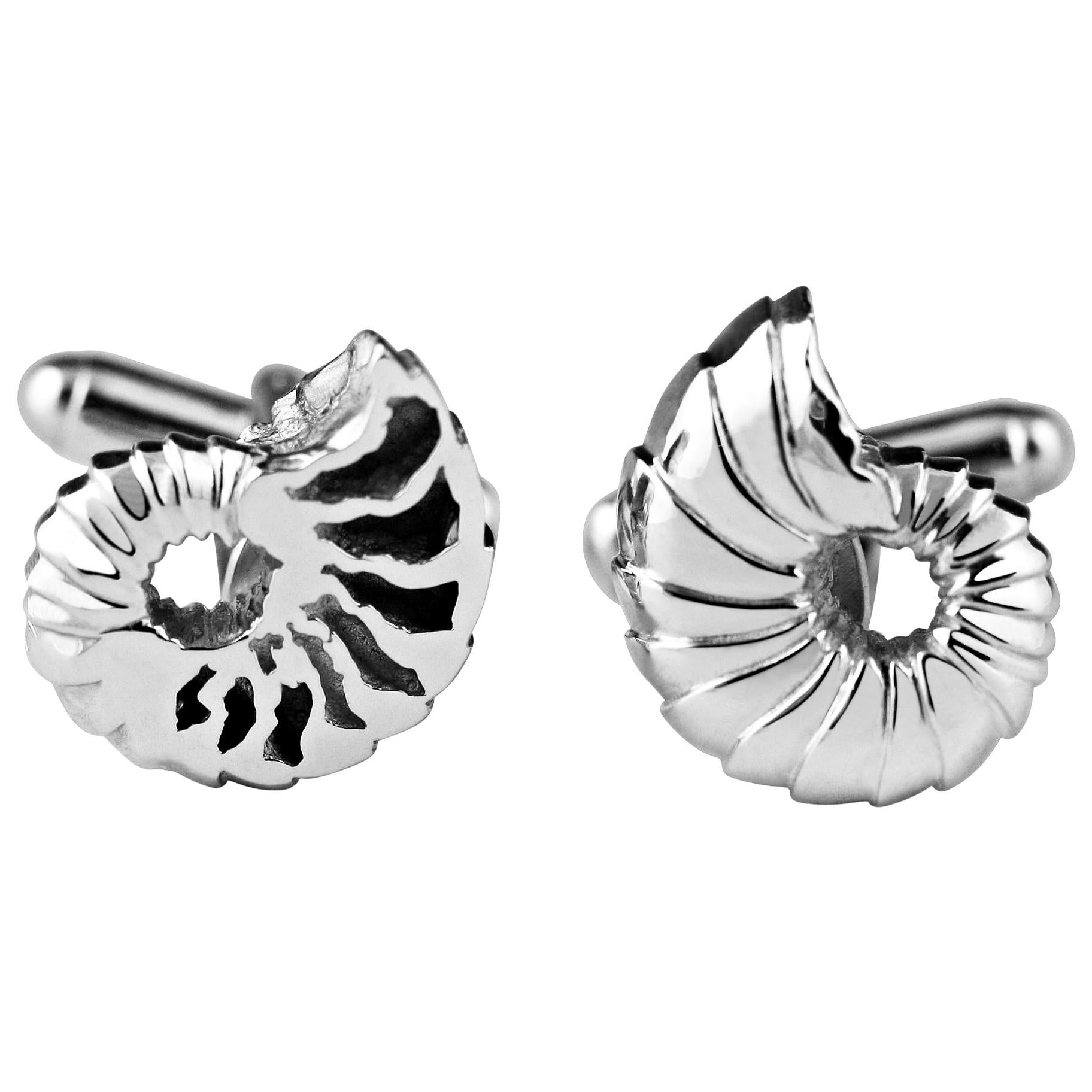 Sterling Silver Asymmetrical Ammonite Shell Cufflinks with Swivel Back Fittings For Sale