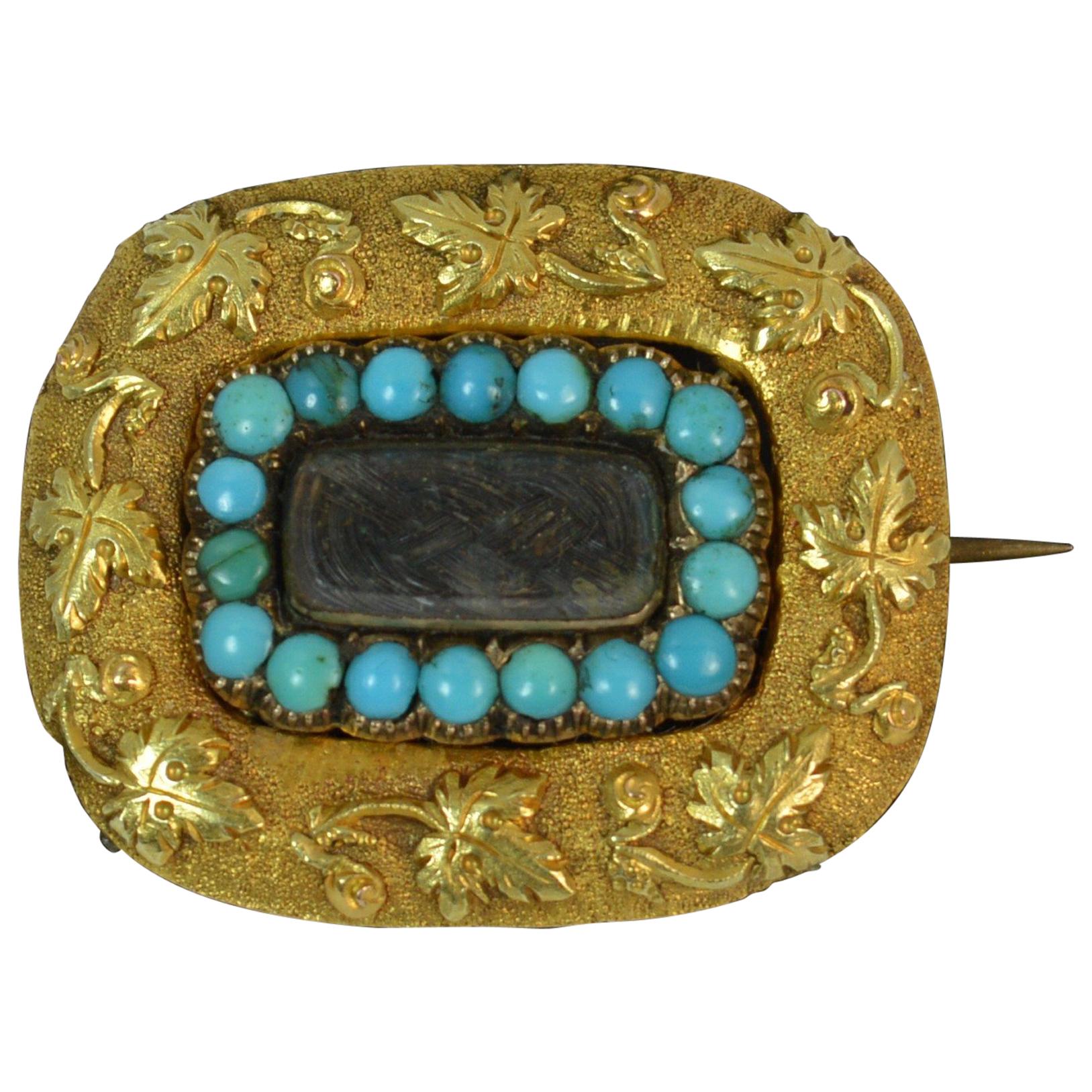 Georgian Era 18 Carat Gold Turquoise and Hair Mourning Brooch