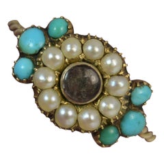 Antique Georgian 15 Carat Gold Hair Pearl and Turquoise Mourning Cluster Ring