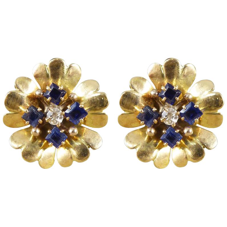 1940s Sapphire and Diamond Set Floral Earrings in 9 Carat Yellow Gold