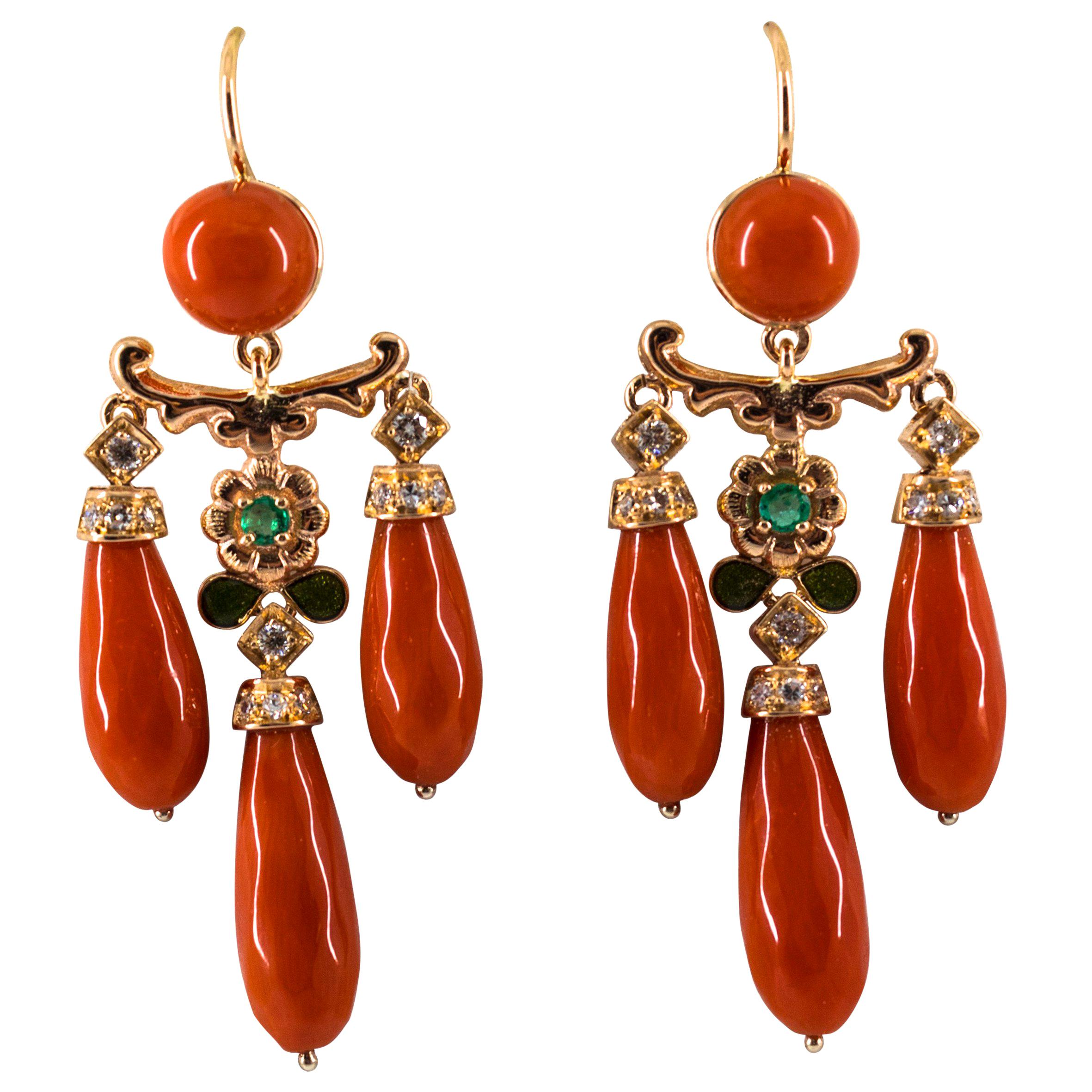 Mediterranean Coral 0.44 Carat White Diamond Emerald Yellow Gold Drop Earrings