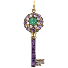 Vintage Diamond Emerald Amethyst 18 Karat Yellow Gold Key Pendant