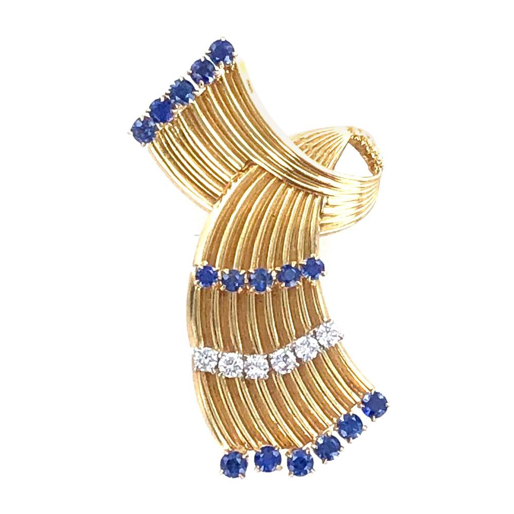 Cartier Vintage Diamond Blue Sapphire Ribbon 18 Karat Yellow Gold Pin Brooch