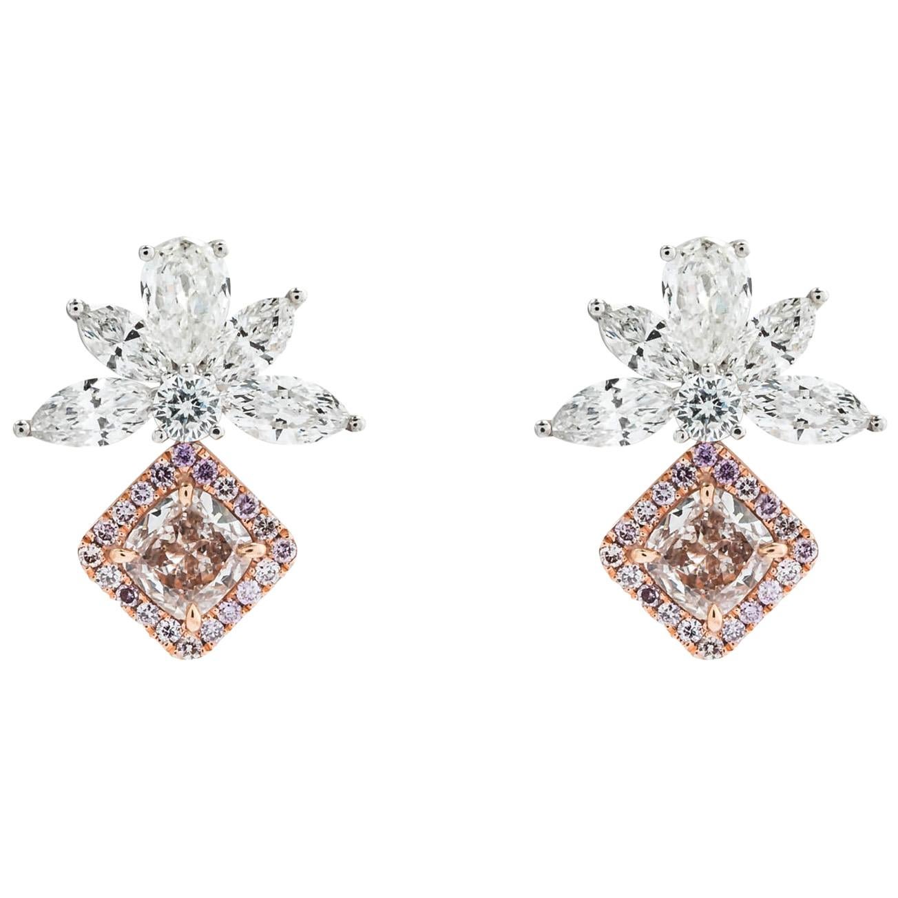 .83 Carat Pink Diamond Drop Earrings 18 Karat Two-Tone Gold For Sale