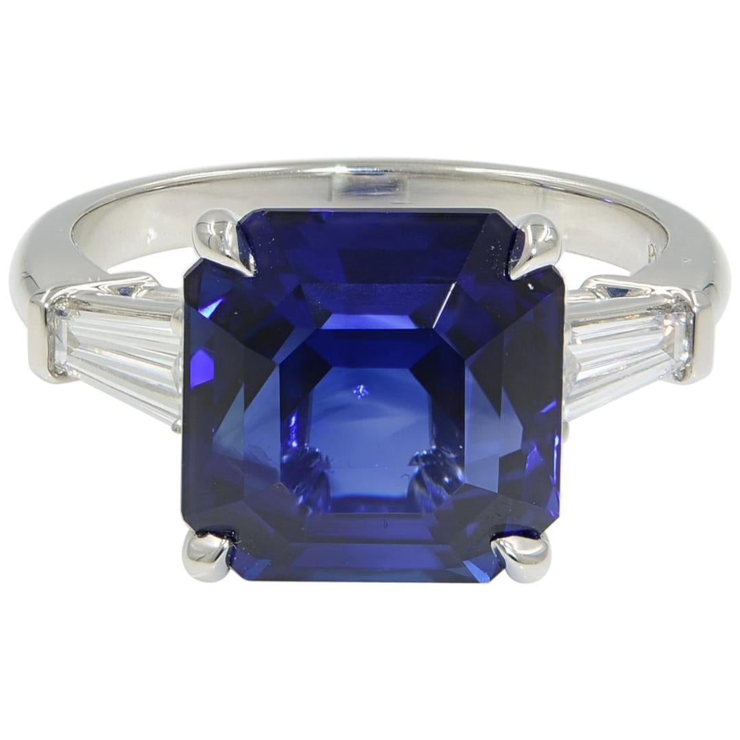 Blue Sapphire Three-Stone Diamond Engagement Platinum 7.18 GRS Certified Ring