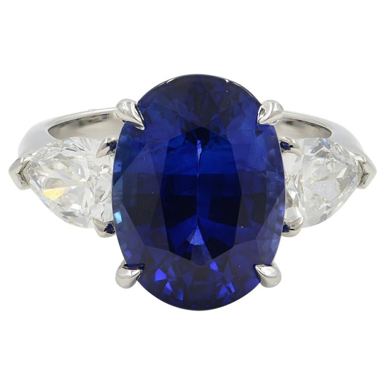 Blue Oval Cut Sapphire Three-Stone Diamond Engagement Platinum Ring GRS ...