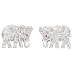 Cartier 18 Karat White Gold Diamond & Ruby Vintage Elephant Cufflinks