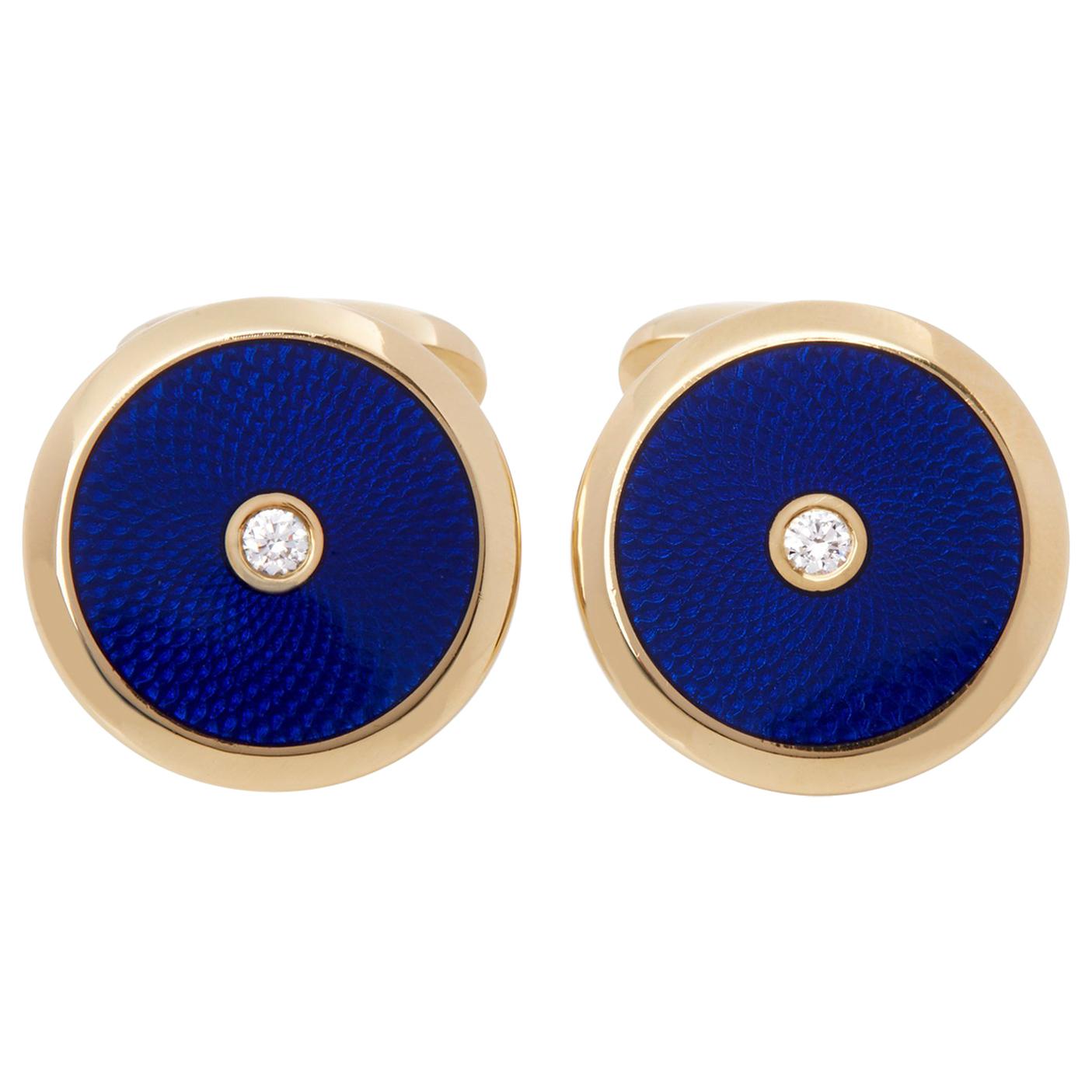 Modern Fabergé 18 Karat Yellow Gold Blue Enamel Round Cut Diamond Cufflinks
