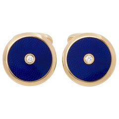 Modern Fabergé 18 Karat Yellow Gold Blue Enamel Round Cut Diamond Cufflinks